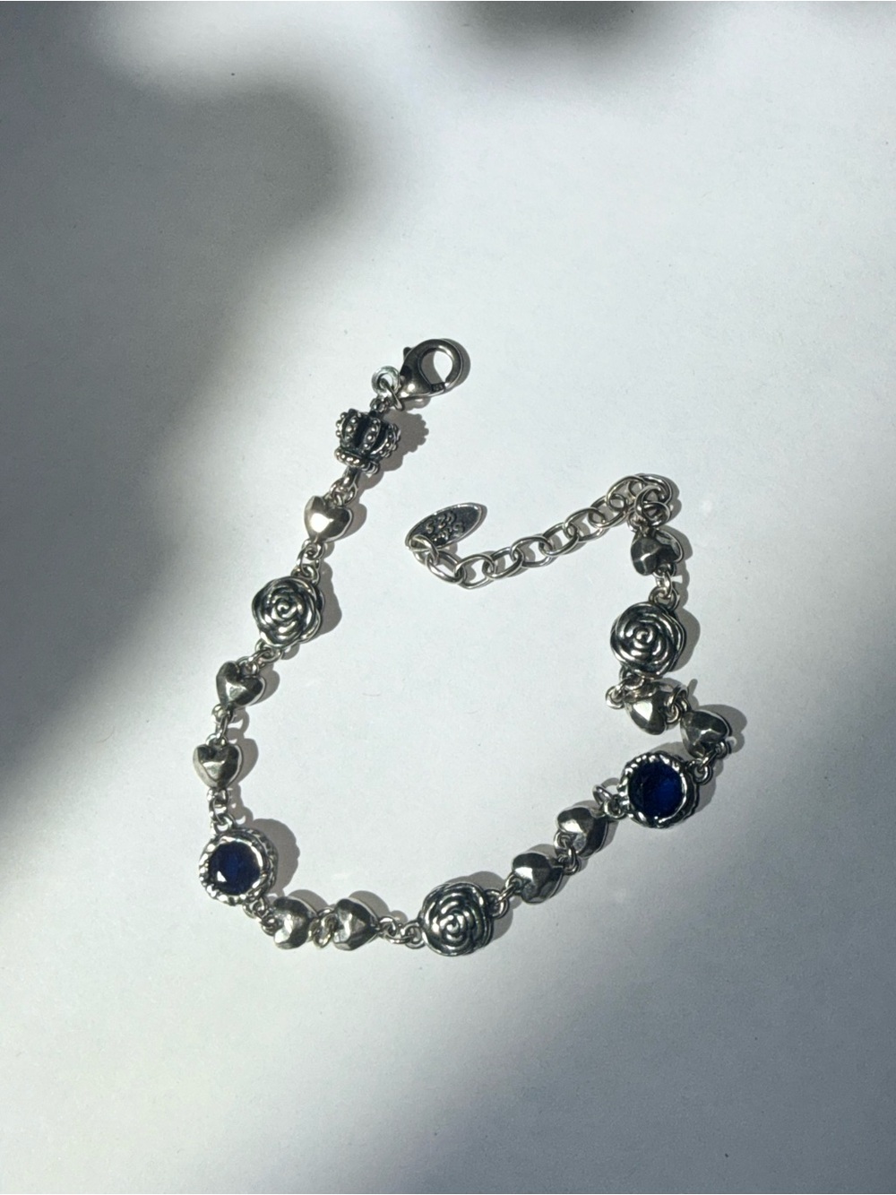 Silver Rose & Heart Bracelet with Blue Stones